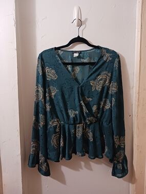 Venus Teal Floral Wrap Peplum Blouse